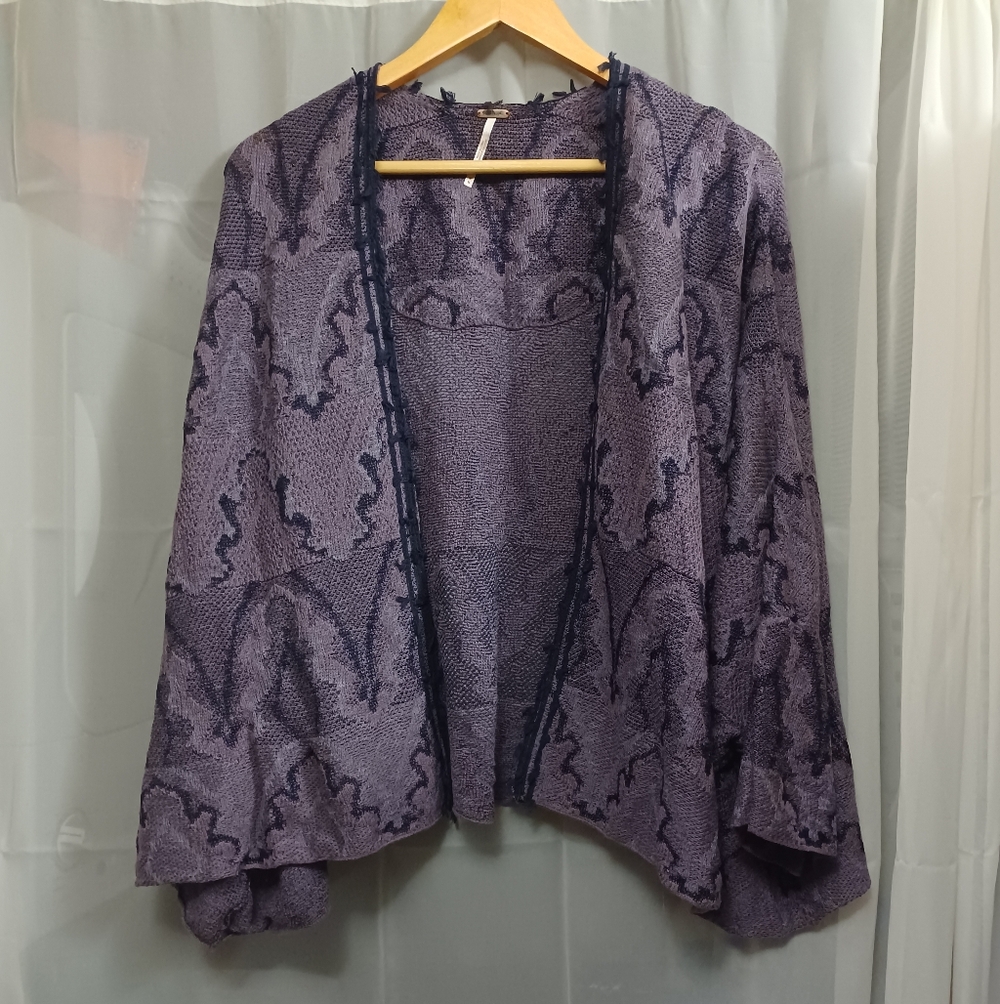 Free People Purple Black Knit Oversized Cardigan Womens Medium Butterfly Kimono